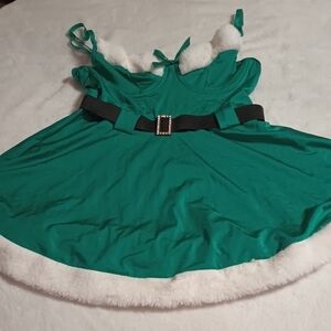Festive Green Dress with White Trim and Black Belt